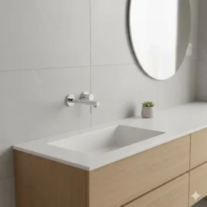 A streamlined, single-handle brass wall mounted faucet bathroom fixture for contemporary vanity.