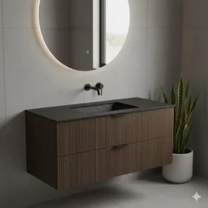 A modern vanity with a fluted texture and integrated matte sink, reflecting the tactile trend in the future of bathroom sink design trends 2026.