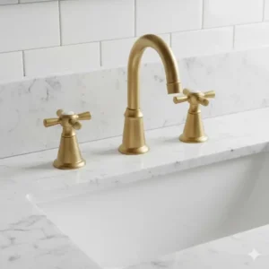 Top view of a widespread unlacquered brass bathroom faucet with three separate pieces installed in a vanity.