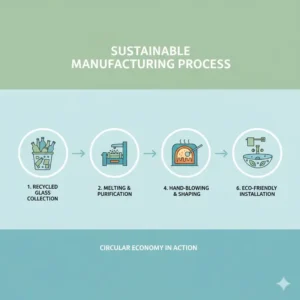 Infographic detailing the eco-friendly process behind making the best sustainable recycled glass vessel sinks 2026.