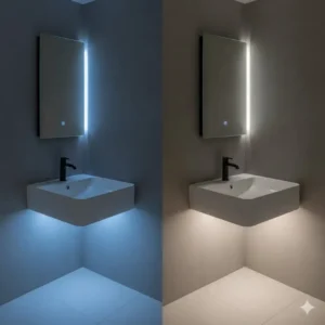 Versatile bathroom atmosphere created with color-adjustable integrated LED light bathroom sink options 2026.