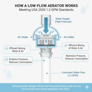 Technical diagram of an aerator designed to meet the low flow bathroom faucet regulations USA 2026.