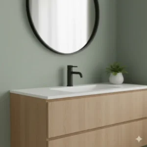 Modern 2026 bathroom with matte black hardware paired with sage green walls and light oak cabinetry for an earthy, organic look.