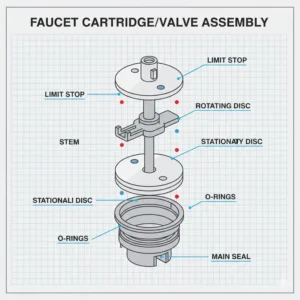 Cutaway view of the cartridge or valve, the core internal component that controls water temperature among the parts of the bathroom faucet.
