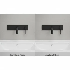 Visual comparison of different spout lengths for a wall mounted faucet bathroom to ensure proper reach over the sink.