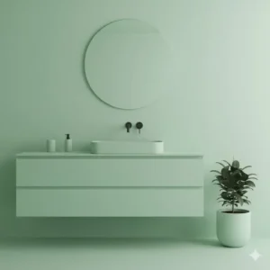 An on-trend pastel green colored bathroom sink and wall, featuring a minimalist faucet for the future of bathroom sink design trends 2026.