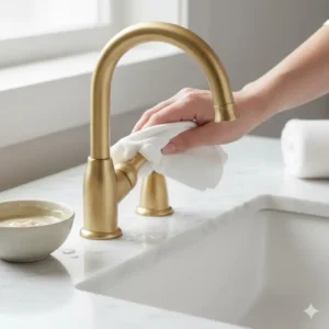 A homeowner gently wiping an unlacquered brass bathroom faucet with a soft cloth to illustrate proper care and maintenance.