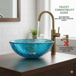 High-arch faucet paired perfectly with the best sustainable recycled glass vessel sinks 2026, demonstrating optimal fitting.