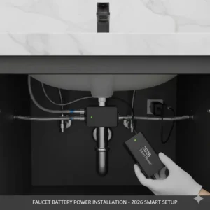 Easy installation guide showing the battery pack power source for the smart touchless bathroom faucet technology 2026 reviews installation.