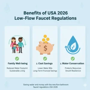 Illustration showing household water bill savings under the low flow bathroom faucet regulations USA 2026.