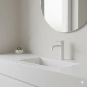 Minimalist bathroom setup featuring a matte white single-handle faucet on a white stone countertop for a seamless, "all-white" monochromatic aesthetic.