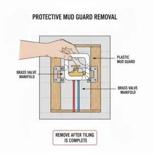 Removing the protective plastic mud guard as part of the minimalist wall mounted faucet installation guide 2026.