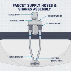 Diagram illustrating the supply hoses and shanks, which are connecting parts of the bathroom faucet to the water source.