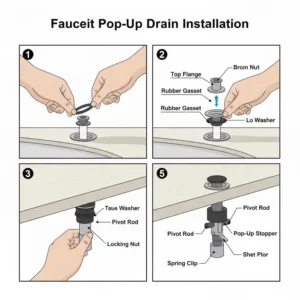 Instructions showing the proper installation of the coordinating pop-up drain for the bathroom faucet one hole. 