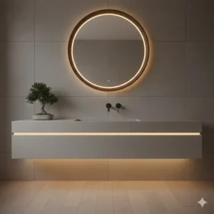 Sleek slotted drain detail on the latest integrated LED light bathroom sink options 2026.