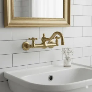 Classic style two-handle chrome wall mounted faucet bathroom hardware complementing a traditional design.