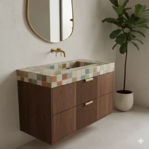 A luxury, bespoke porcelain vanity with an integrated tiled sink, showcasing custom craftsmanship in the future of bathroom sink design trends 2026.
