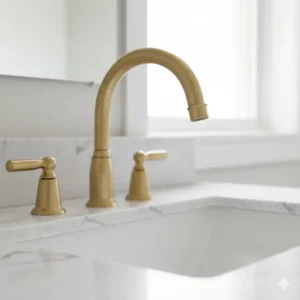 High-arch gooseneck spout detail of a newly installed unlacquered brass bathroom faucet.