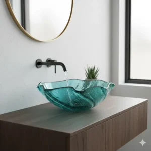 A unique, sculptural design among the best sustainable recycled glass vessel sinks 2026, offering an artistic touch.