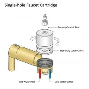 Detailed view of the ceramic disk cartridge inside the lever handle of the bathroom faucet one hole. 