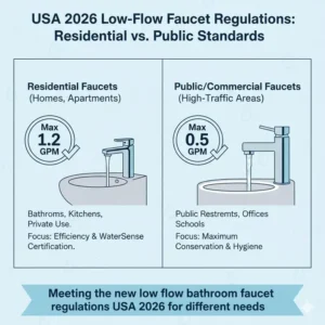 Graphic showing the difference between public and residential flow rates in low flow bathroom faucet regulations USA 2026.