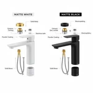 Internal components and brass construction of high-quality matte finish bathroom faucets, comparing matte white powder coating vs. matte black electroplating.