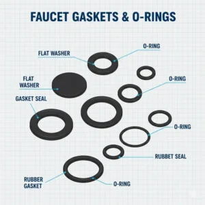 Highlighted view of the rubber gaskets and O-rings, sealing parts of the bathroom faucet to prevent leakage.