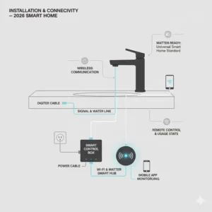 Technical diagram showing the easy installation and hub integration for voice activated bathroom faucet features and cost 2026.