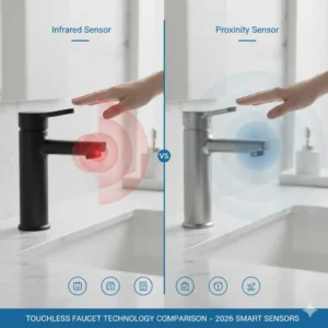A technical comparison of sensors used in smart touchless bathroom faucet technology 2026 reviews, contrasting infrared and proximity types.