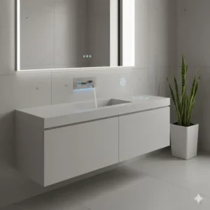 A modern minimalist sink setup with a concealed, touchless smart faucet, illustrating the technology in the future of bathroom sink design trends 2026.