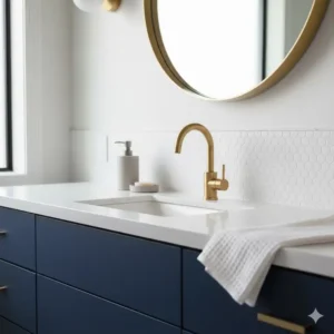 A modern unlacquered brass bathroom faucet contrasting beautifully against a dark blue vanity in a contemporary bathroom setting.