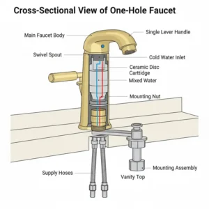 Cross-sectional diagram highlighting the internal structure and brass body of the bathroom faucet one hole. 
