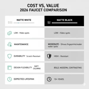 Comparison chart showing the price range, maintenance requirements, and expected lifespan of matte white versus matte black bathroom faucets for 2026.