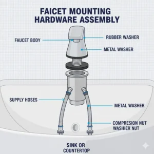Illustration detailing the mounting nut and washer, the hardware parts of the bathroom faucet that secure it to the sink.