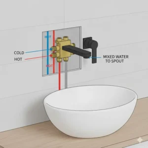 An internal view of the valve and plumbing connections for a wall mounted faucet bathroom setup.