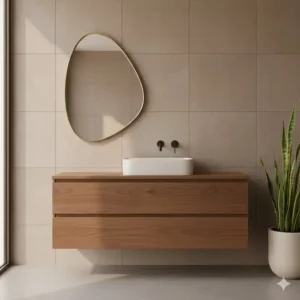 A warm walnut wood vanity paired with a matte white vessel sink, emphasizing the earthy palette of the future of bathroom sink design trends 2026.