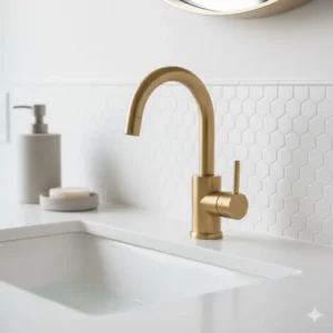Detail of a single-hole unlacquered brass bathroom faucet featuring a smooth, single lever handle for water control.