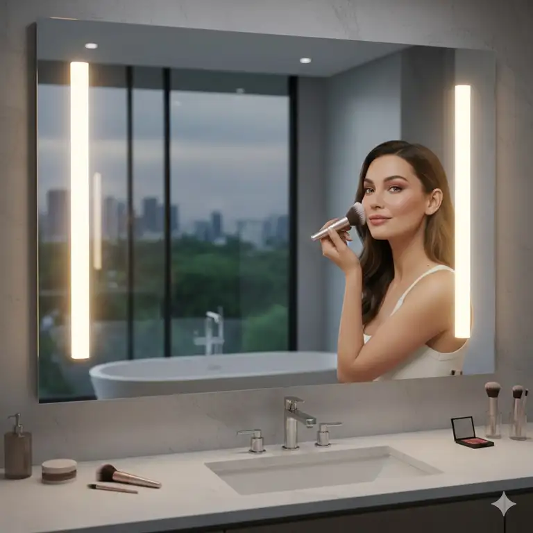 A professional setup of the best bathroom vanity lighting for makeup application 2026 featuring eye-level LED sconces.