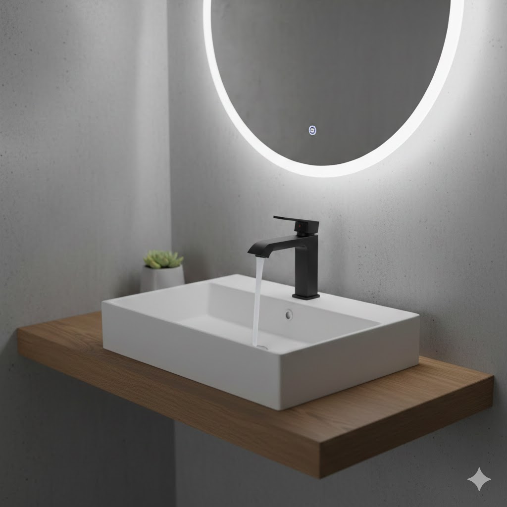 A luxury showcase of the best single hole modern bathroom faucet for small spaces 2026 on a floating wood vanity.