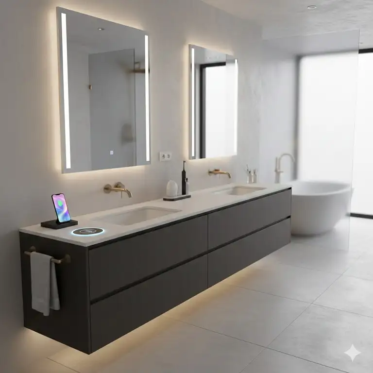 A luxury master suite featuring the best smart bathroom vanity with built-in charging station reviews 2026 with LED mirrors and wireless power pads.