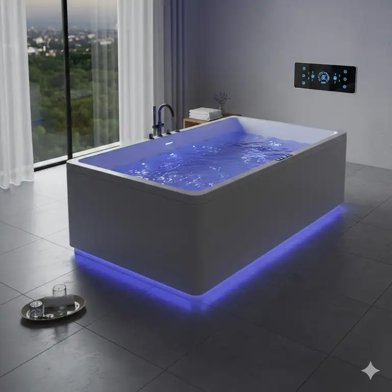 Luxury bathroom featuring a modern deep soaking tub with built-in chromotherapy lighting 2026 for a spa-like experience.