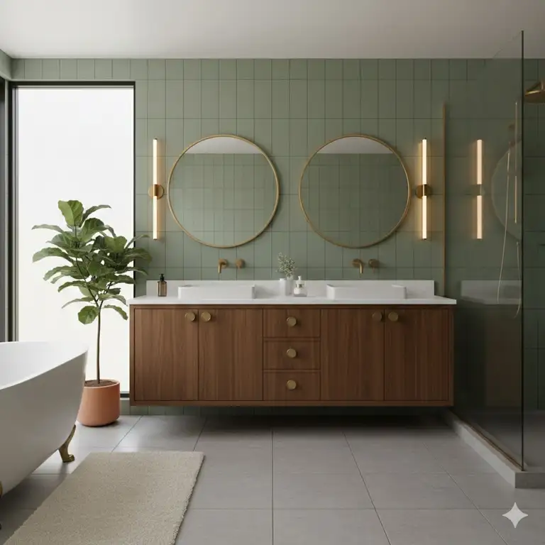 A luxury bathroom featuring premium mid-century modern bathroom vanity cabinet designs 2026 with walnut finish and marble tops.