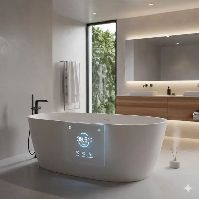 A luxury bathroom interior showcasing the future of smart bathtubs with temperature control 2026 with a sleek glass touch panel.