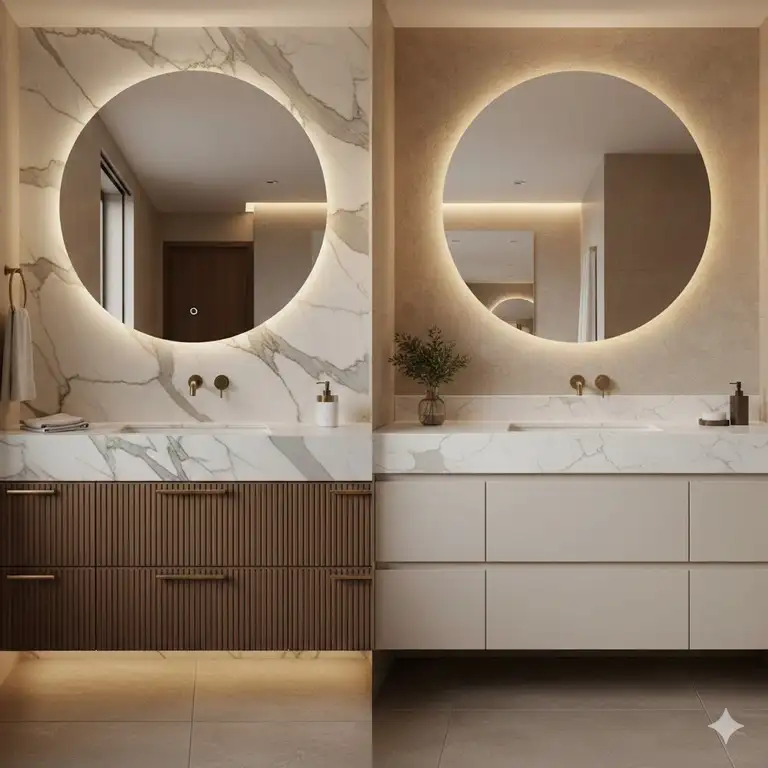 A comprehensive visual guide on how to choose quartz vs marble vanity countertop 2026 featuring high-end bathroom designs.