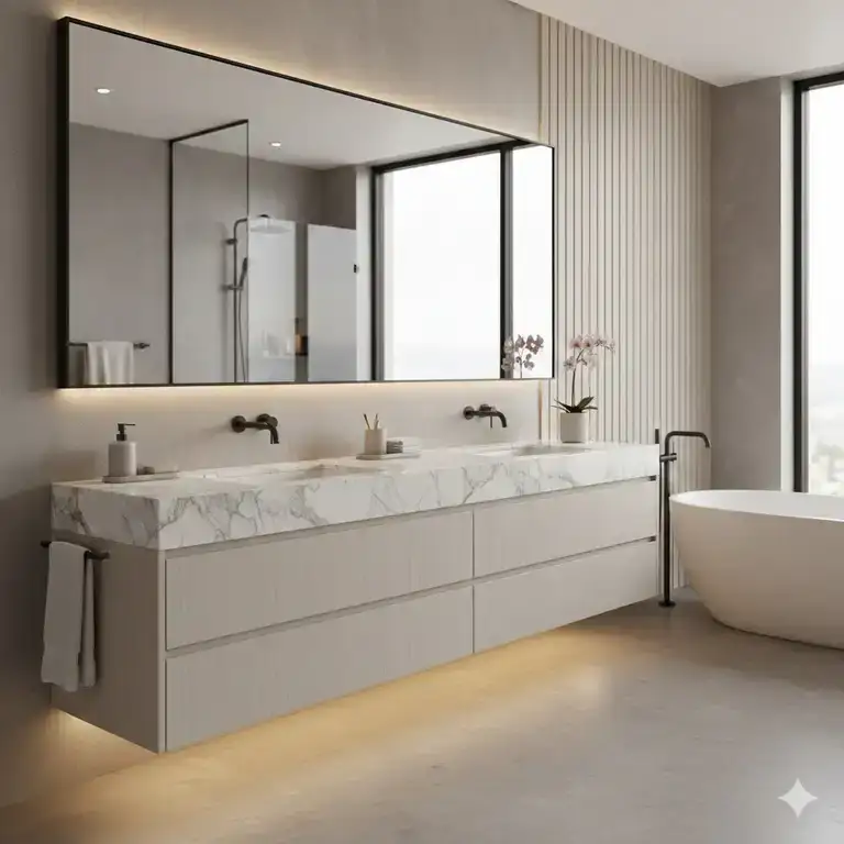 A luxury double-sink setup showcasing the latest natural wood bathroom vanity trends for master baths 2026 with marble tops.