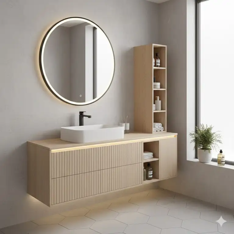 Modern interior showcasing the latest space saving modular bathroom vanity systems 2026 with floating oak cabinets and integrated LED mirrors.