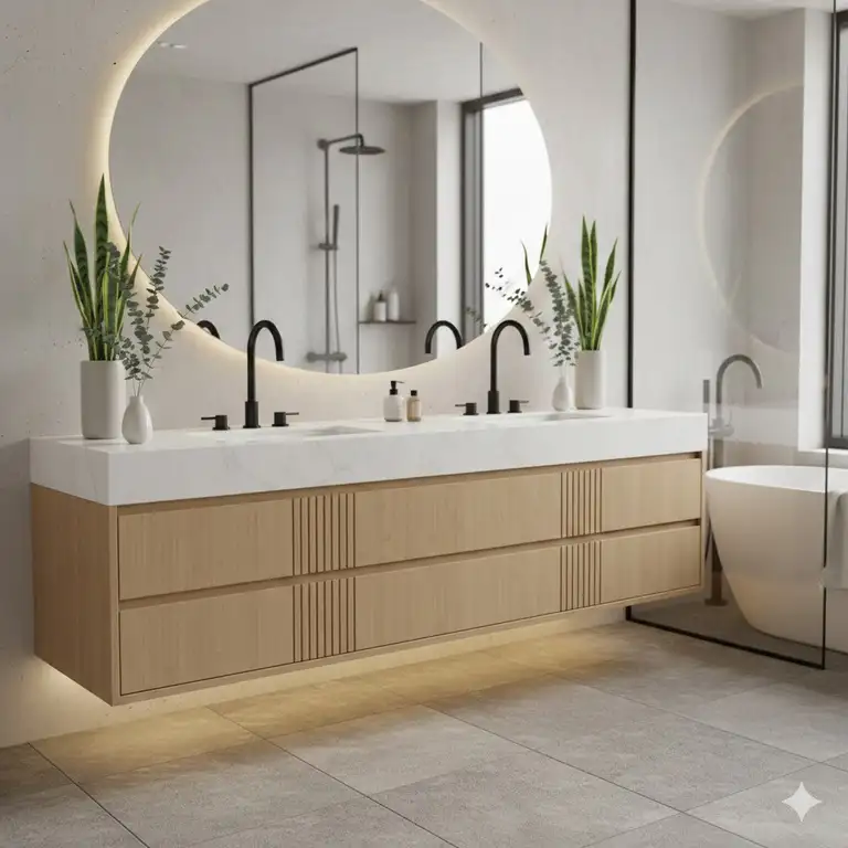 A luxurious spa-style bathroom showcasing various eco-friendly bamboo bathroom vanity options 2026 with stone countertops.