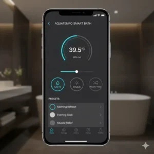 A mobile application displaying remote settings for the future of smart bathtubs with temperature control 2026.