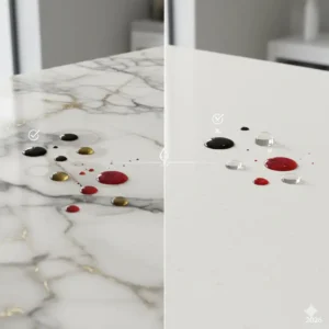A technical durability comparison helping you understand how to choose quartz vs marble vanity countertop 2026 based on stain resistance.