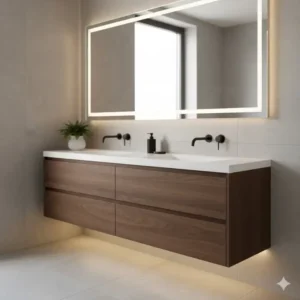 Sleek floating vanity unit installed by professional affordable custom look bathroom vanity builders 2026.